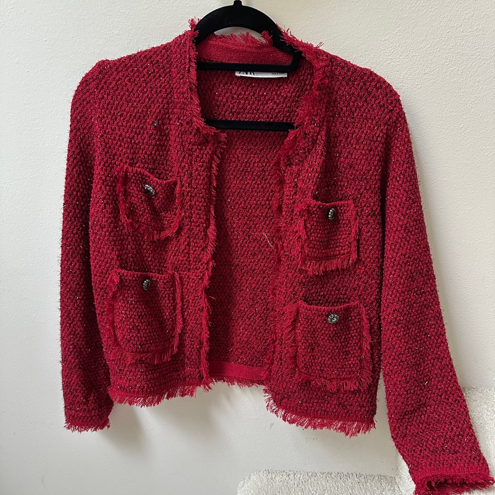 Zara Red Textured Fringe Pocket Cardigan Size M